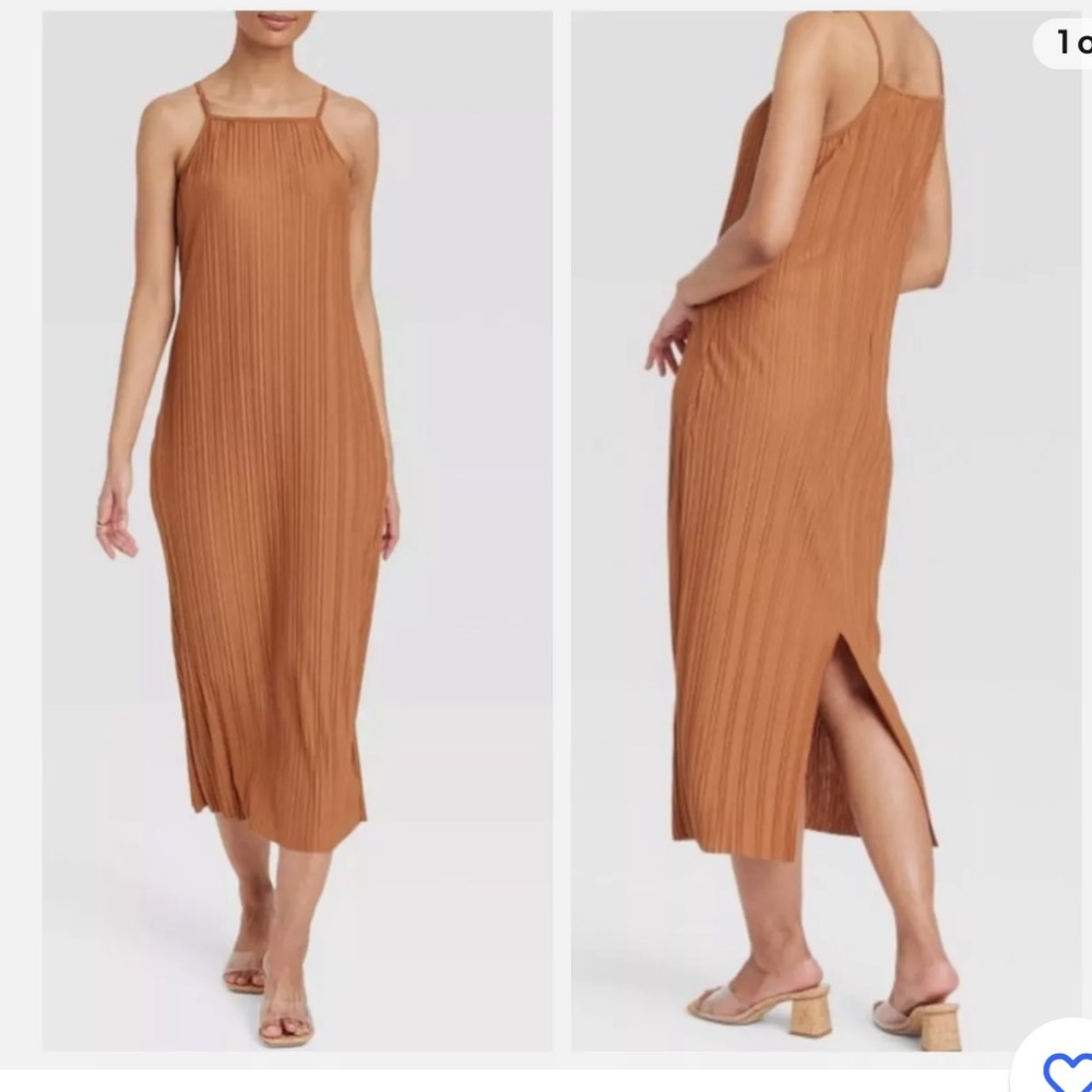 NEW A New Day Brown High Neck Midi Plisse Dress